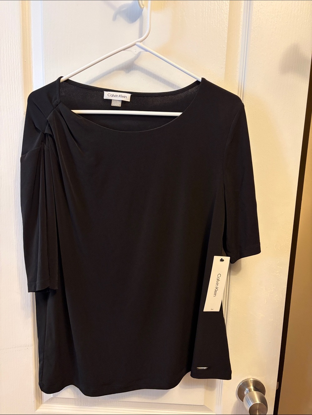 Calvin Klein Black Short-Sleeve Draped Shoulder Blouse
